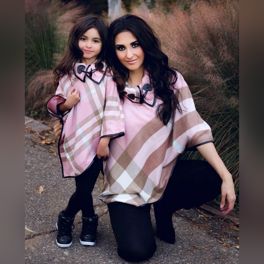 Mommy & Me Matching Pink/Brown Plaid Ponchos Mother Daughter Christmas Gift SET